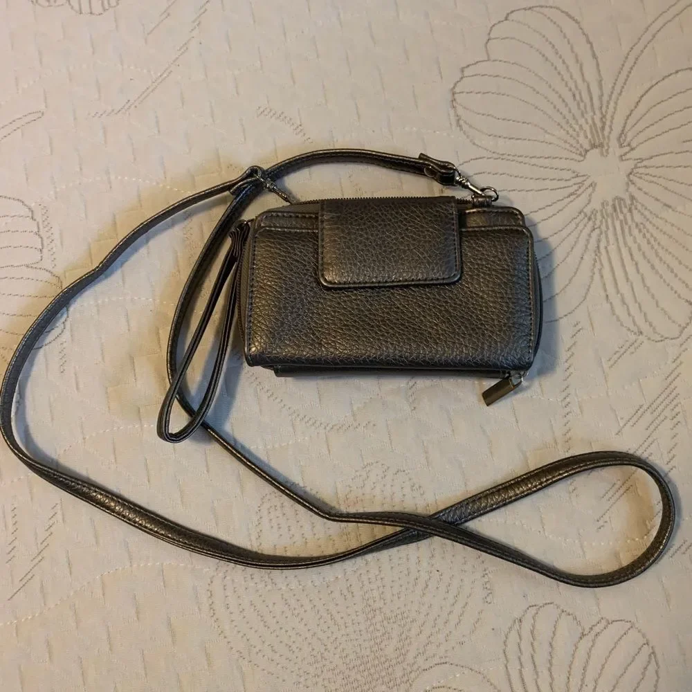 Buxton Womens Crossbody Wallet Purse Gray Pewter Metallic Accordion Cell Phone B